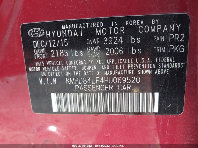 2017 HYUNDAI ELANTRA SE VIN: KMHD84LF4HU069520