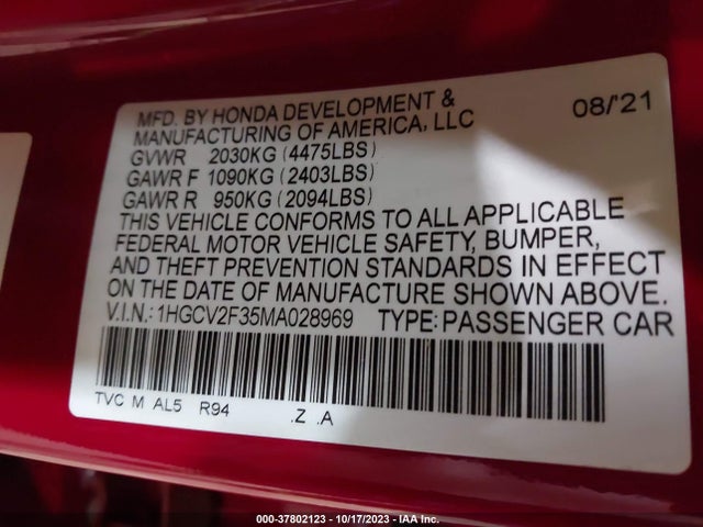 2021 HONDA ACCORD SPORT 2.0T VIN: 1HGCV2F35MA028969