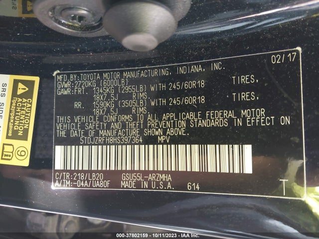 Toyota Highlander Xle/se 2017 5TDJZRFH8HS397364 Image 9