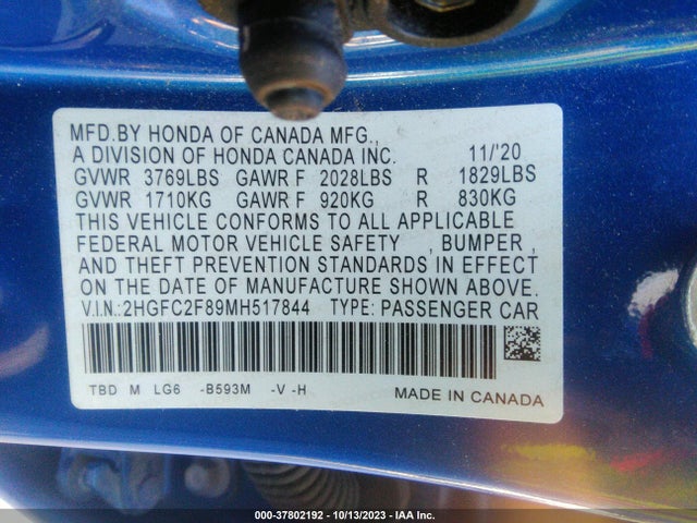 2021 HONDA CIVIC SPORT VIN: 2HGFC2F89MH517844