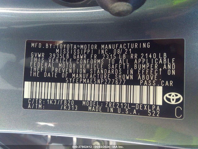 Toyota COROLLA LE 2022 5YFEPMAE5NP277677 Image 9