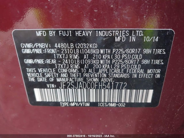2015 SUBARU FORESTER 2.5I PREMIUM VIN: JF2SJADC0FH541772
