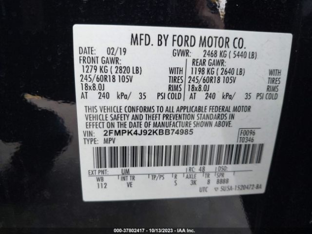 2FMPK4J92KBB74985 Ford EDGE SEL
