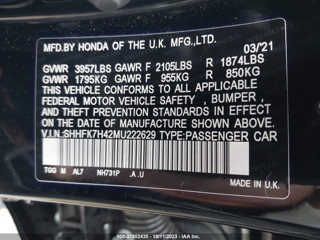 Honda Civic Hatchback Sport 2021 SHHFK7H42MU222629 Image 9
