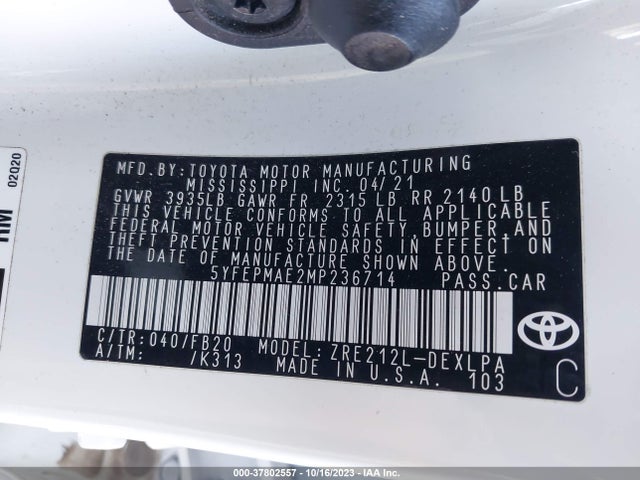 2021 TOYOTA COROLLA LE VIN: 5YFEPMAE2MP236714