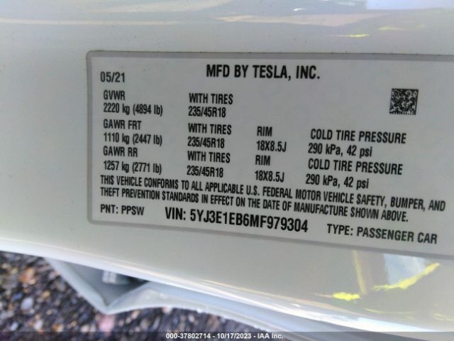 2021 TESLA MODEL 3 5YJ3E1EB6MF979304 Photo 8