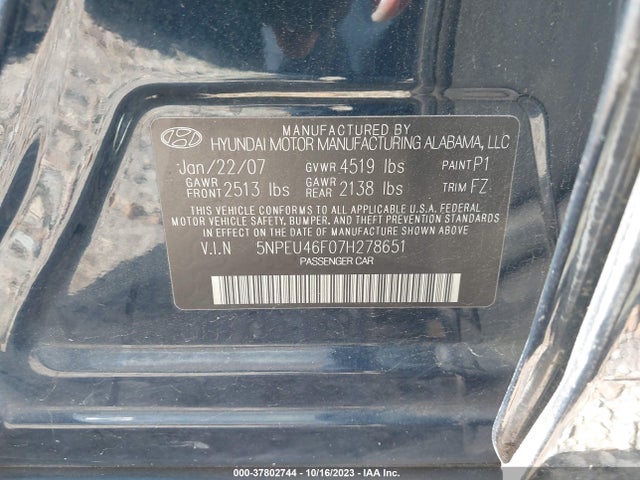 2007 HYUNDAI SONATA SE/LIMITED VIN: 5NPEU46F07H278651