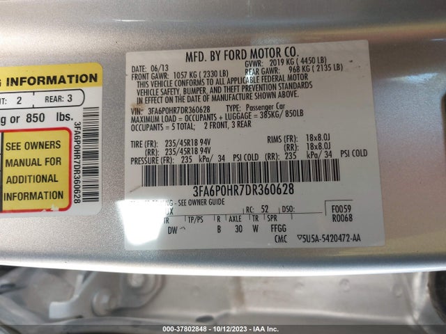 2013 FORD FUSION SE VIN: 3FA6P0HR7DR360628