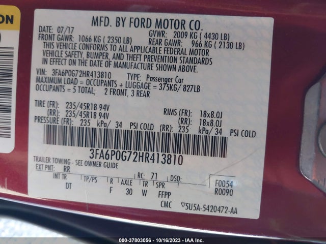 Ford FUSION S 2017 3FA6P0G72HR413810 Image 9