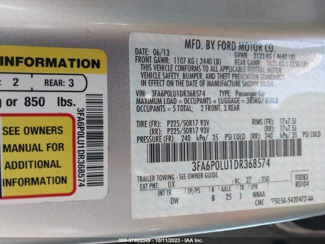 2013 FORD FUSION SE HYBRID VIN: 3FA6P0LU1DR368574