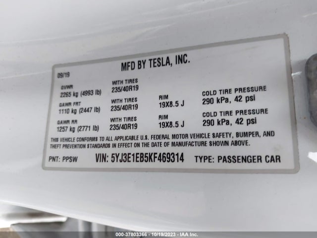 Tesla Model 3 Long Range/performance 2019 5YJ3E1EB5KF469314 Image 9