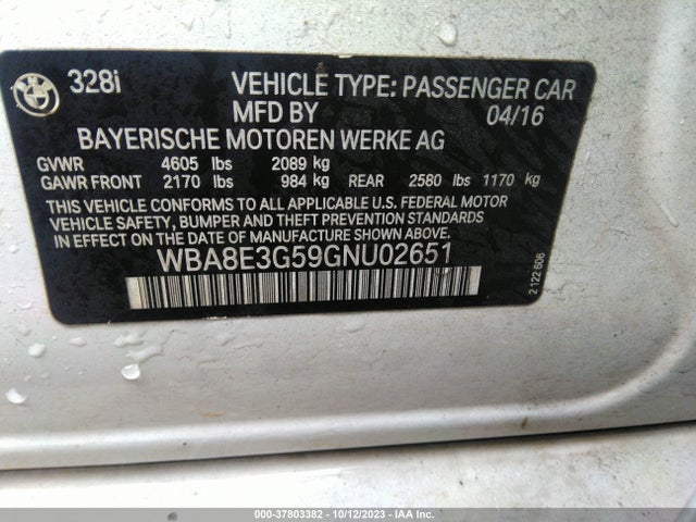 BMW 328i Xdrive 2016 WBA8E3G59GNU02651 Image 9