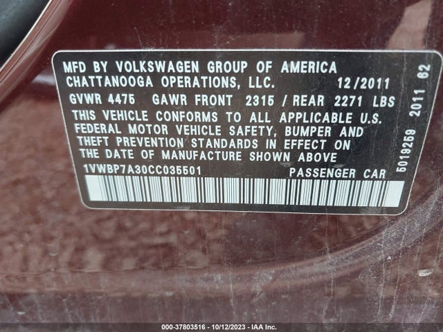 2012 VOLKSWAGEN PASSAT SE VIN: 1VWBP7A30CC035501