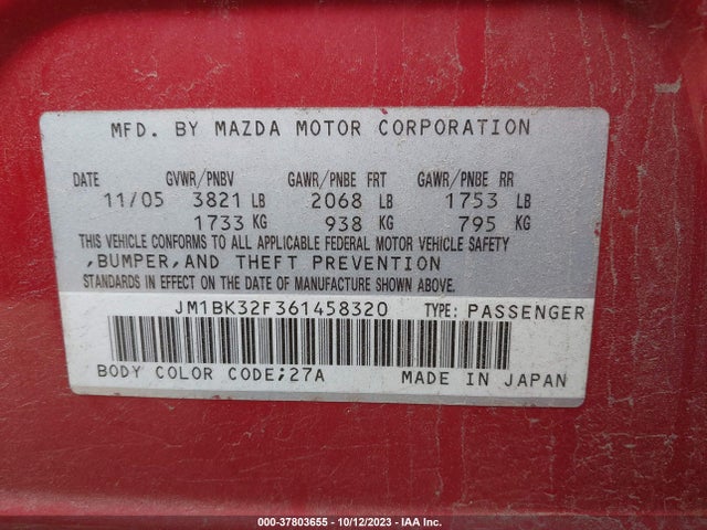 2006 MAZDA MAZDA3 VIN: JM1BK32F361458320