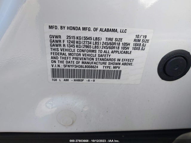 Honda Pilot Ex 2020 5FNYF5H36LB008624 Image 9