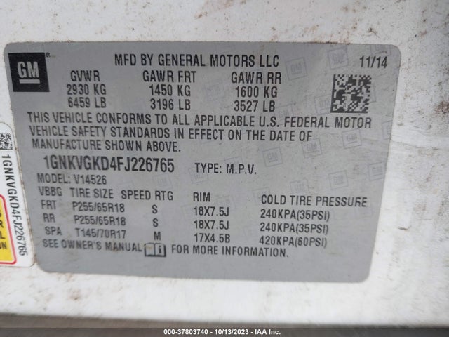 Aukcja sprzedaży 2015 Chevrolet Traverse 1lt, vin: 1GNKVGKD4FJ226765, numer aukcji: 37803740