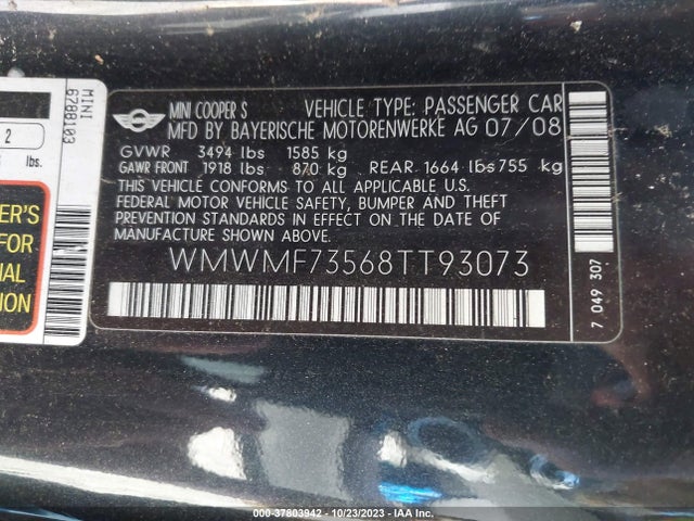 2008 MINI COOPER HARDTOP WMWMF73568TT93073 Photo 8