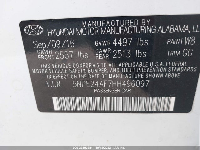 Hyundai Sonata 2.4l 2017 5NPE24AF7HH496097 Image 9