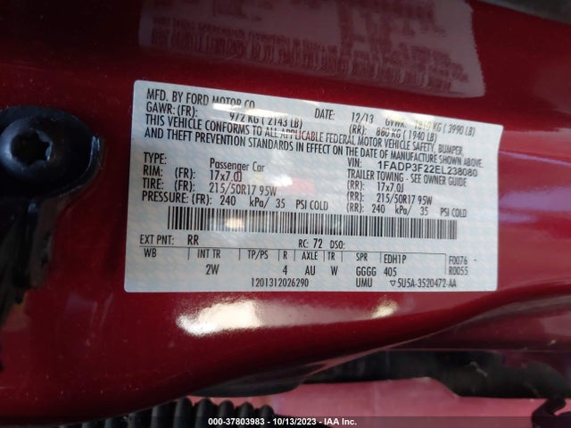 2014 FORD FOCUS SE VIN: 1FADP3F22EL238080