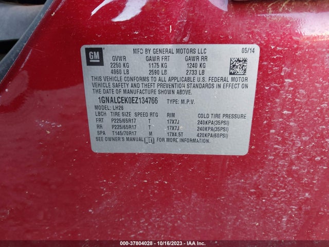 Chevrolet EQUINOX LT 2014 1GNALCEK0EZ134766 Image 9