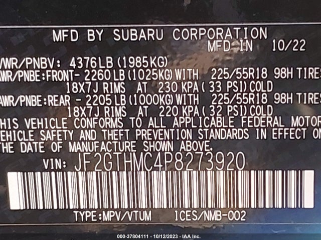 2023 SUBARU CROSSTREK LIMITED VIN: JF2GTHMC4P8273920