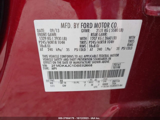 2013 FORD EDGE SEL VIN: 2FMDK4JC1DBE02668