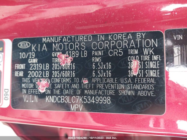 2019 KIA NIRO LX VIN: KNDCB3LC7K5349998
