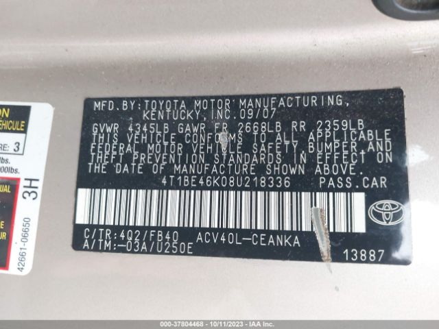 2008 TOYOTA CAMRY 4T1BE46K08U218336 Photo 8