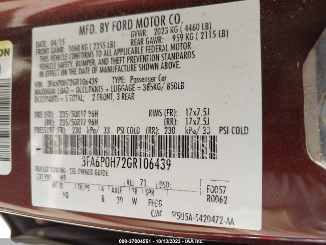Ford FUSION SE 2016 3FA6P0H72GR106439 Image 9