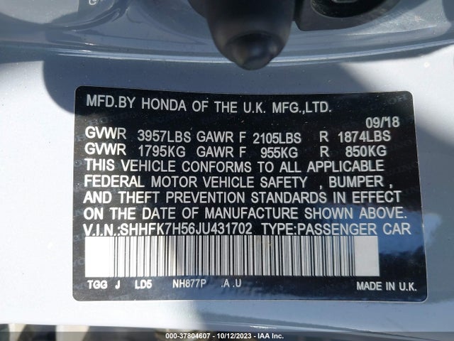 Honda CIVIC EX 2018 SHHFK7H56JU431702 Image 9