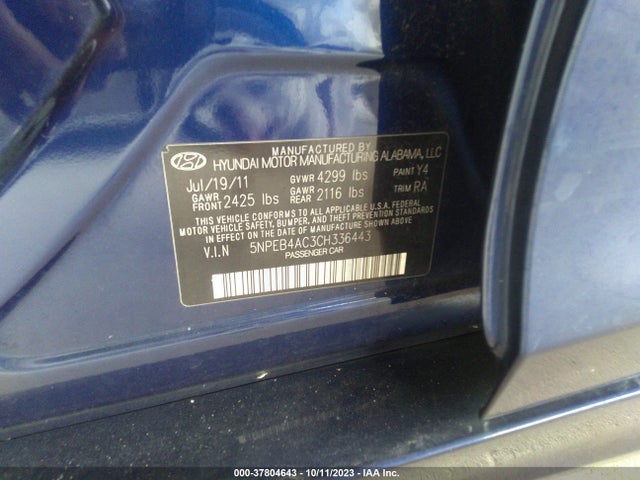 2012 HYUNDAI SONATA GLS VIN: 5NPEB4AC3CH336443