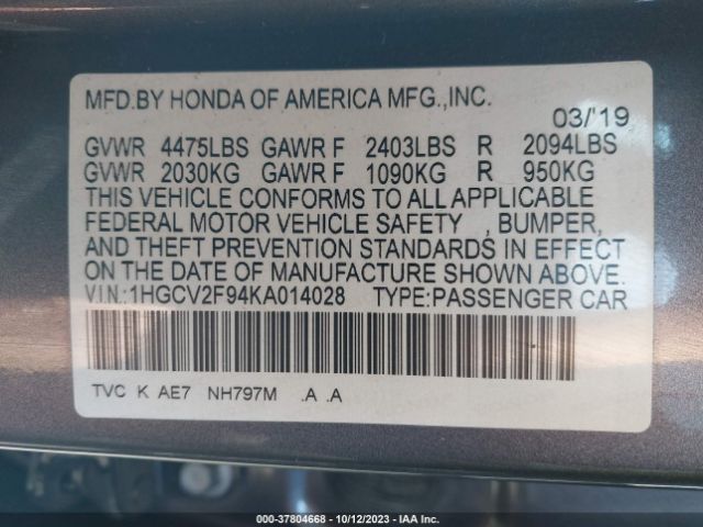 1HGCV2F94KA014028 Honda Accord Sedan Touring 2.0t