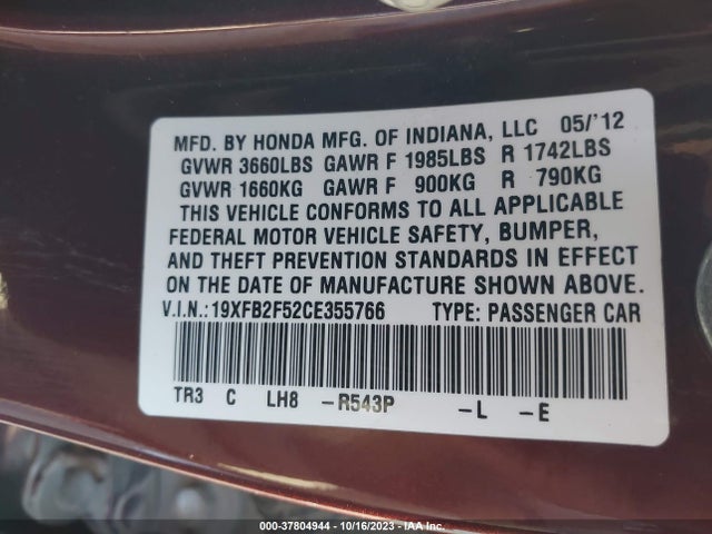 2012 HONDA CIVIC SDN LX VIN: 19XFB2F52CE355766
