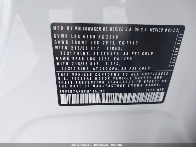 2023 VOLKSWAGEN TIGUAN S VIN: 3VVRB7AX6PM115099