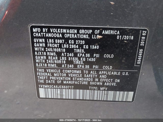 1V2MR2CA5JC553717 Volkswagen Atlas 3.6l V6 Sel
