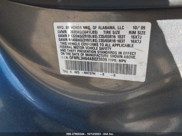2010 HONDA ODYSSEY EX-L VIN: 5FNRL3H64AB023809