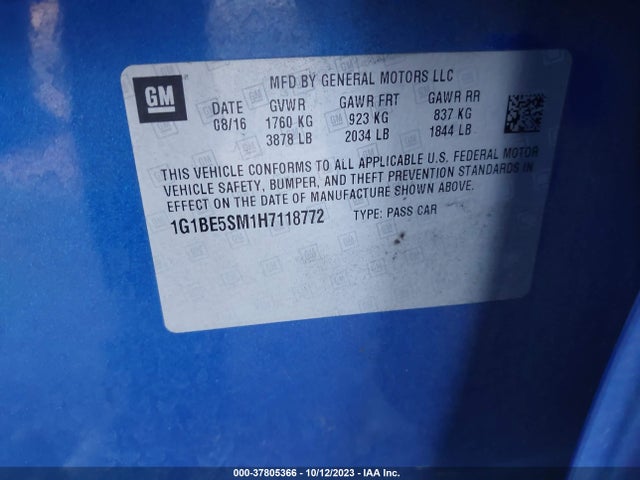 Chevrolet CRUZE LT 2017 1G1BE5SM1H7118772 Image 9