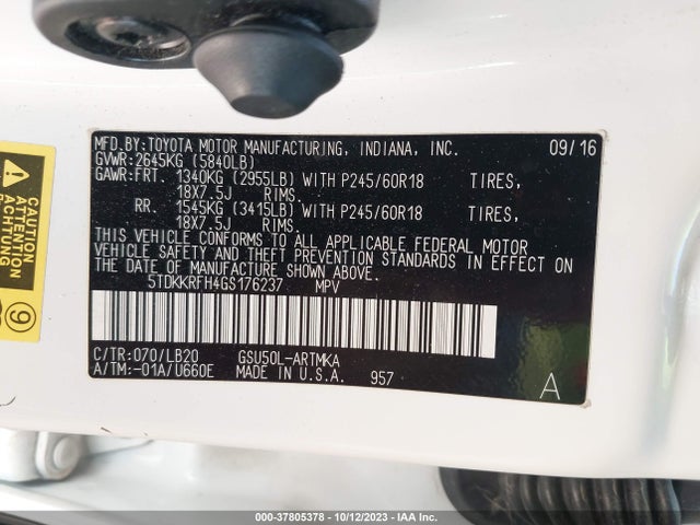 Toyota Highlander Xle 2016 5TDKKRFH4GS176237 Image 9