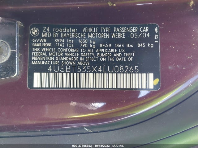 2004 BMW Z4 3.0I VIN: 4USBT535X4LU08265