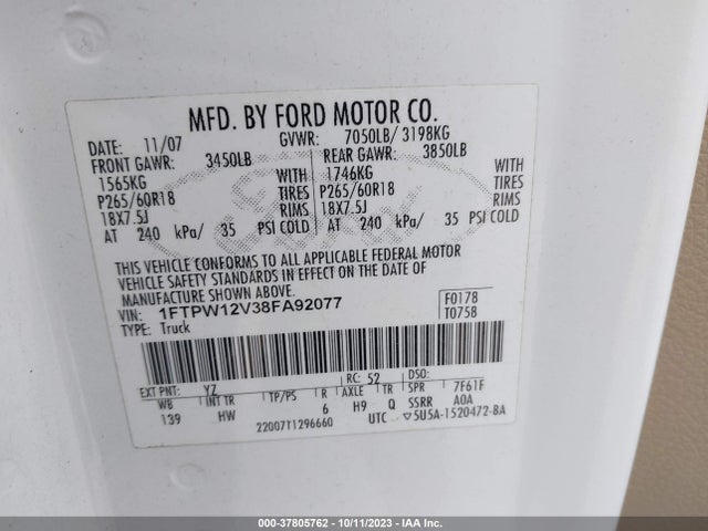 2008 Ford F-150 Xlt/fx2/lariat მანქანა იყიდება აუქციონზე, vin: 1FTPW12V38FA92077, აუქციონის ნომერი: 37805762