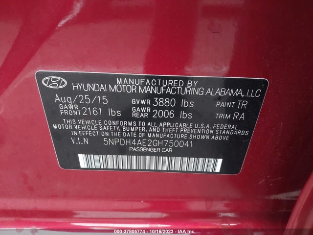 2016 HYUNDAI ELANTRA SE VIN: 5NPDH4AE2GH750041
