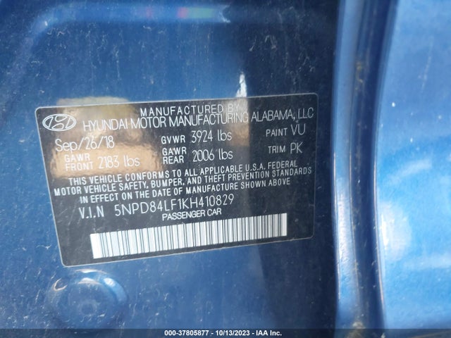 2019 HYUNDAI ELANTRA SEL VIN: 5NPD84LF1KH410829