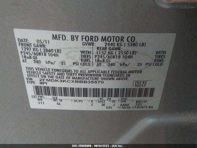 2011 FORD EDGE LIMITED VIN: 2FMDK3KCXBBB35570