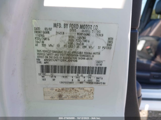 2008 MERCURY MARINER PREMIER VIN: 4M2CU97128KJ09106