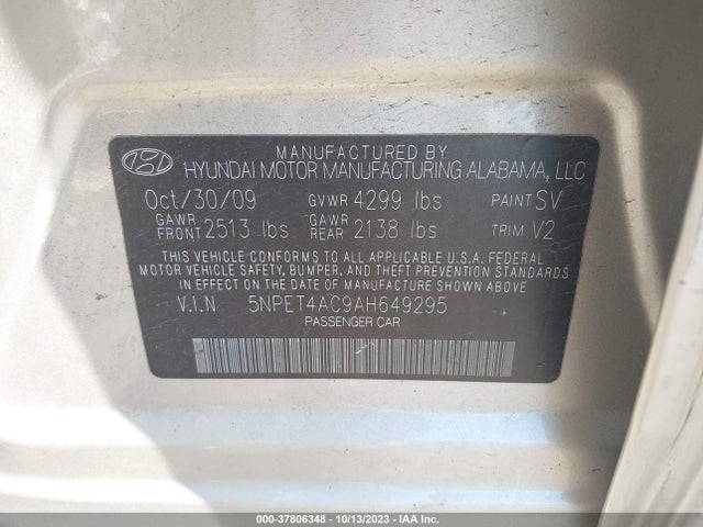 2010 HYUNDAI SONATA GLS VIN: 5NPET4AC9AH649295