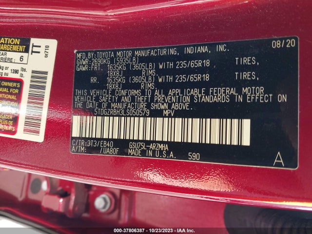 Toyota Highlander Xle 2020 5TDGZRBH3LS050579 Image 9