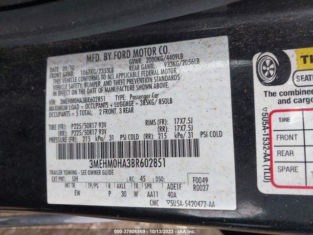 2011 MERCURY MILAN VIN: 3MEHM0HA3BR602851