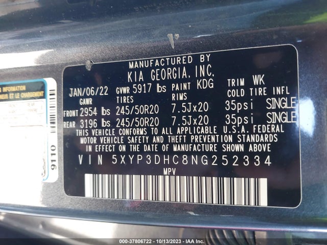 2022 KIA TELLURIDE EX VIN: 5XYP3DHC8NG252334