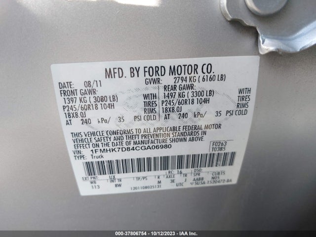 2012 FORD EXPLORER XLT VIN: 1FMHK7D84CGA06980