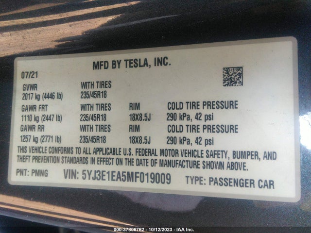 2021 TESLA MODEL 3 5YJ3E1EA5MF019009 Photo 8